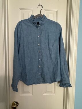 J. Crew Factory Light Blue Ruffle Collar Button-Down Shirt